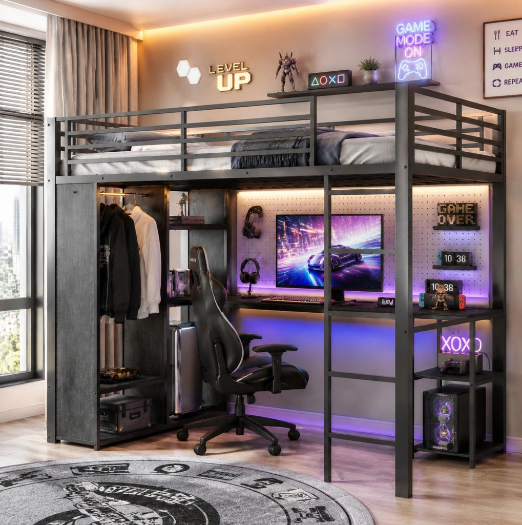 Letto a soppalco 90 x 200 cm in metallo e MDF con LED; scrivania e armadio aperto; nero