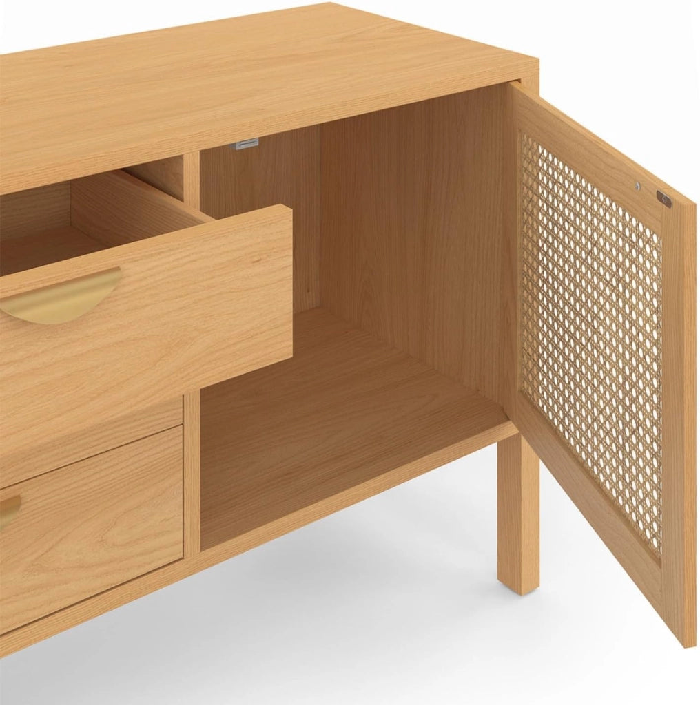 Credenza bassa EDHEN 140 cm, 2 ante e 3 cassetti, legno e vimini