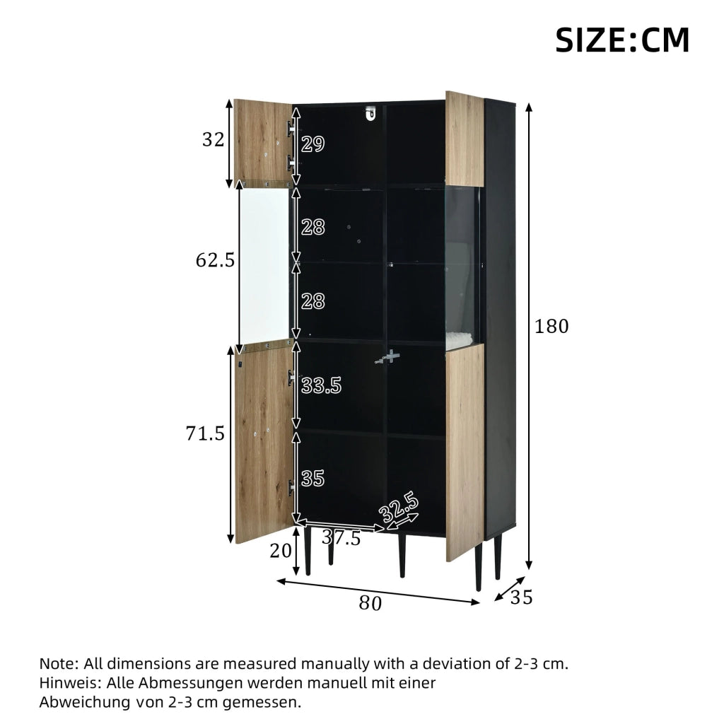 Vetrina con 2 ante e 10 vani; LED - per soggiorno - 80x35x180 cm - nero e naturale