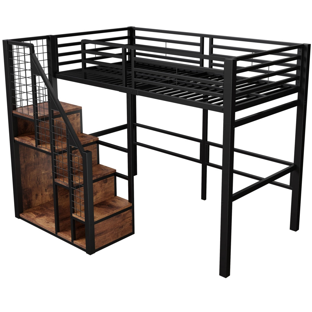 Letto a soppalco singolo 90x200 cm in metallo nero con scala e vano contenitore