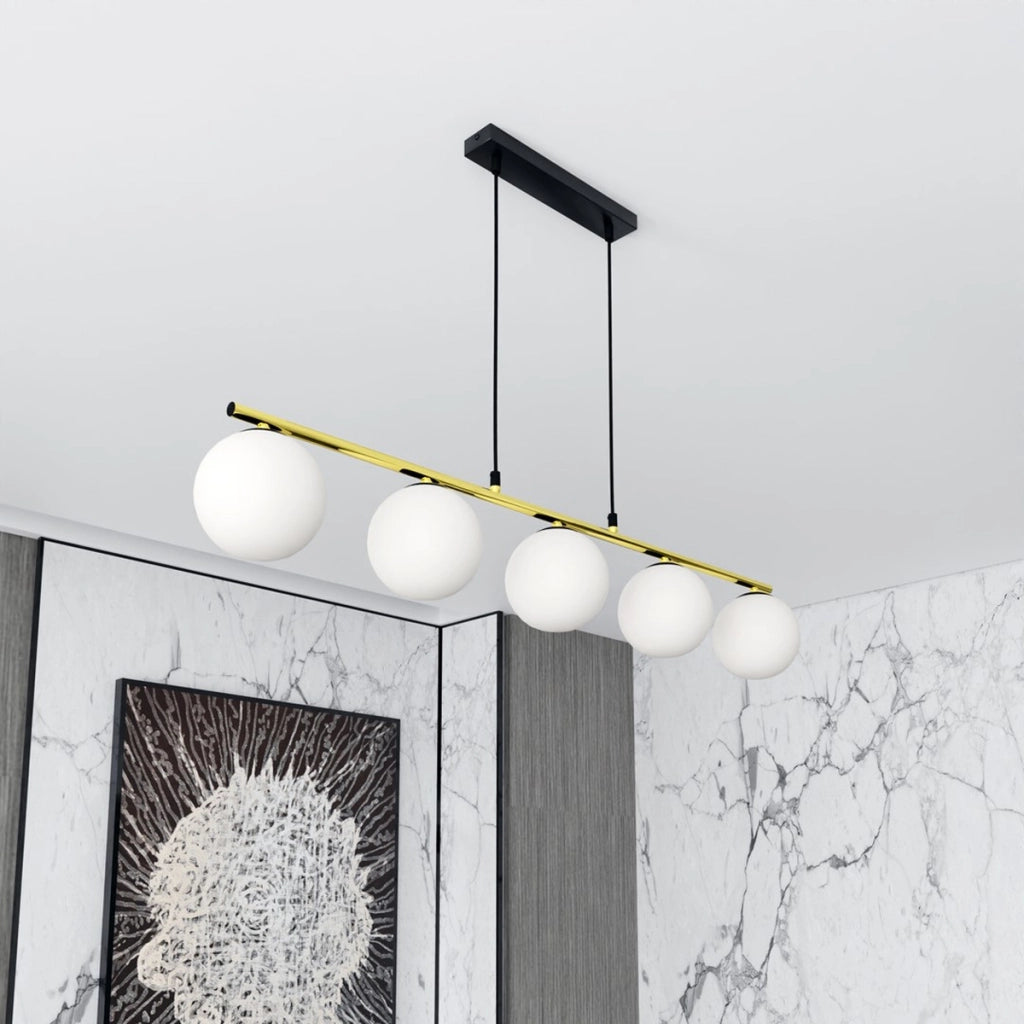 Lampada a sospensione Allora in acciaio nero e oro con sfere in vetro