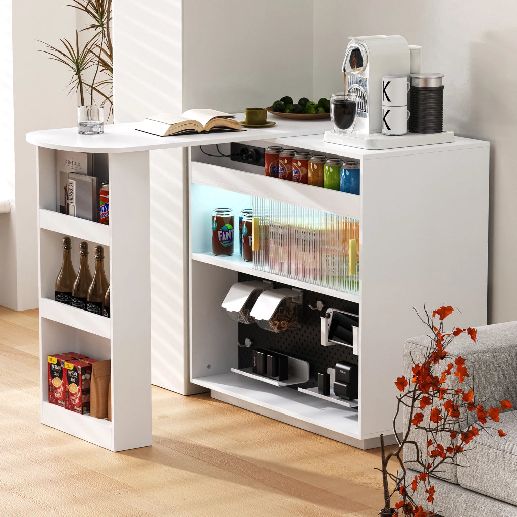 Mobile Bar Estensibile e Girevole con Vani Contenitori; LED e Porte USB e Type C per Cucina; MDF; Bianco; 120 x 50 x 95;5 cm