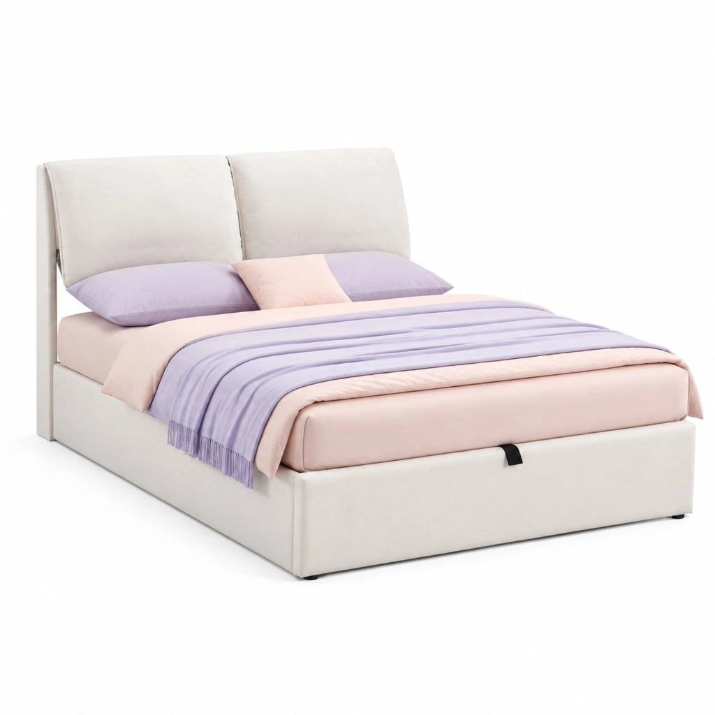 Letto imbottito 140x200 in velluto beige con contenitore, 3 cassetti, testiera e rete a doghe