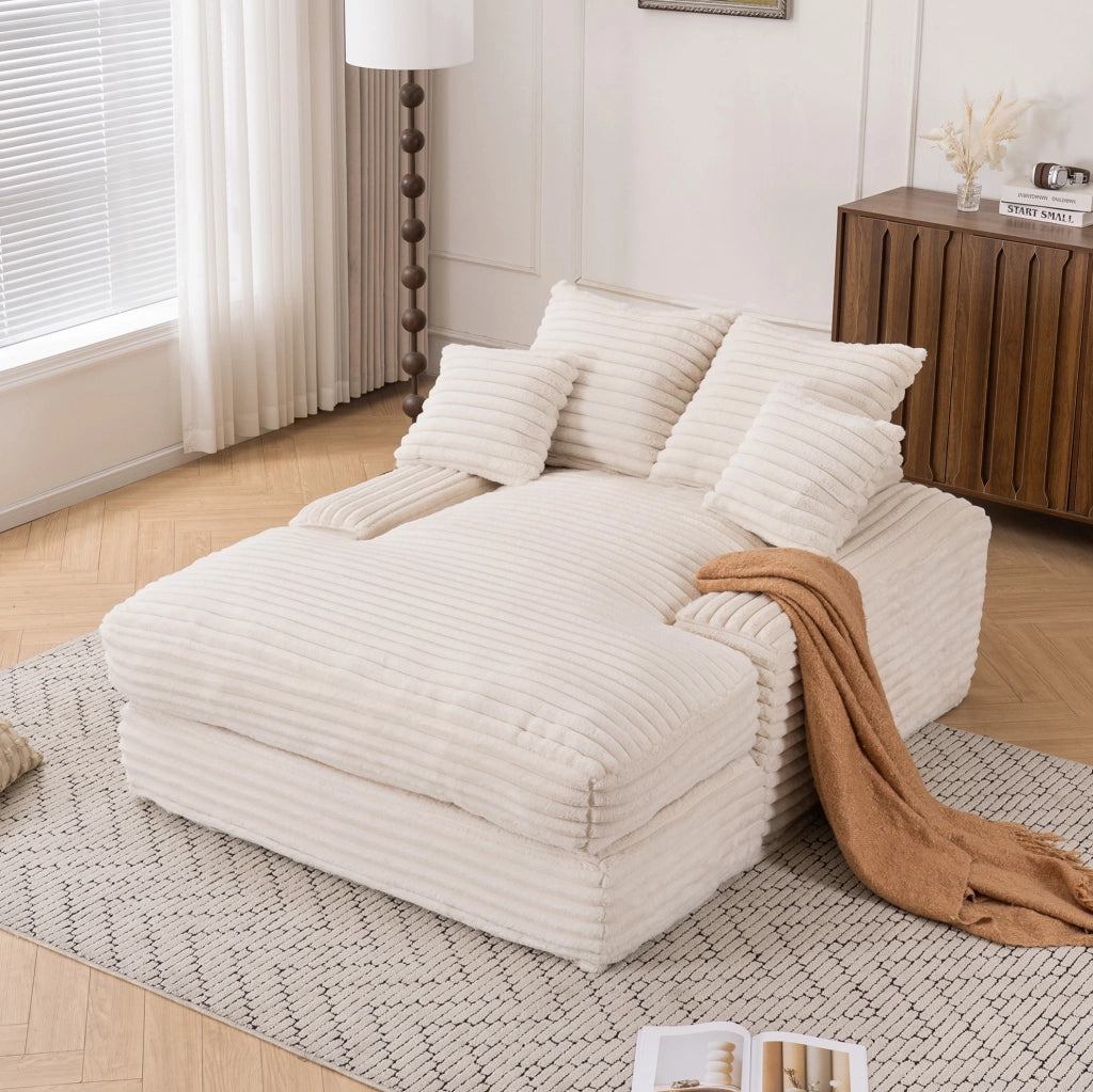 Chaise longue 135x165 cm beige in velluto a coste; 4 cuscini lavabili