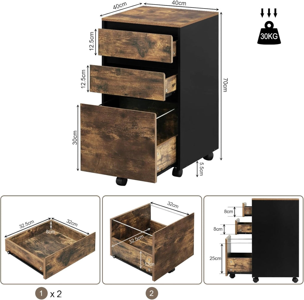 Cassettiera da Ufficio, Cassettiera Portadocumenti a 3 Cassetti, Mobiletto Portaoggetti con Ruote per Studio, Camera da Letto, in Legno, Rovere Vintage e Nero, 40x40x70cm, ASK01hov