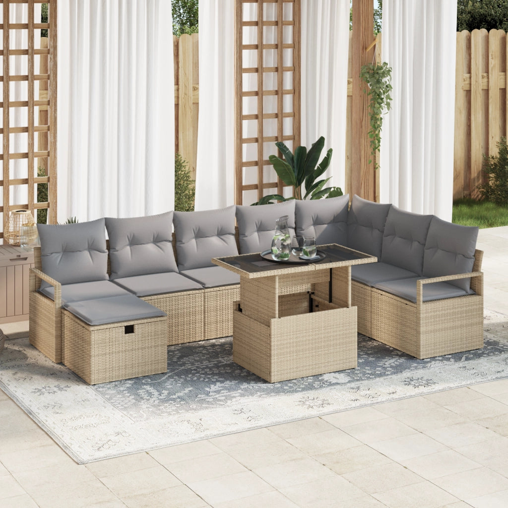 Set di divani da giardino a 9 pezzi con cuscini beige in polyrattan