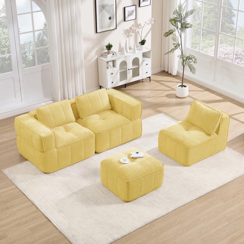 Divano modulare senza struttura con pouf, tessuto in poliestere giallo, 3 posti, seduta profonda 271 × 162 × 67 cm