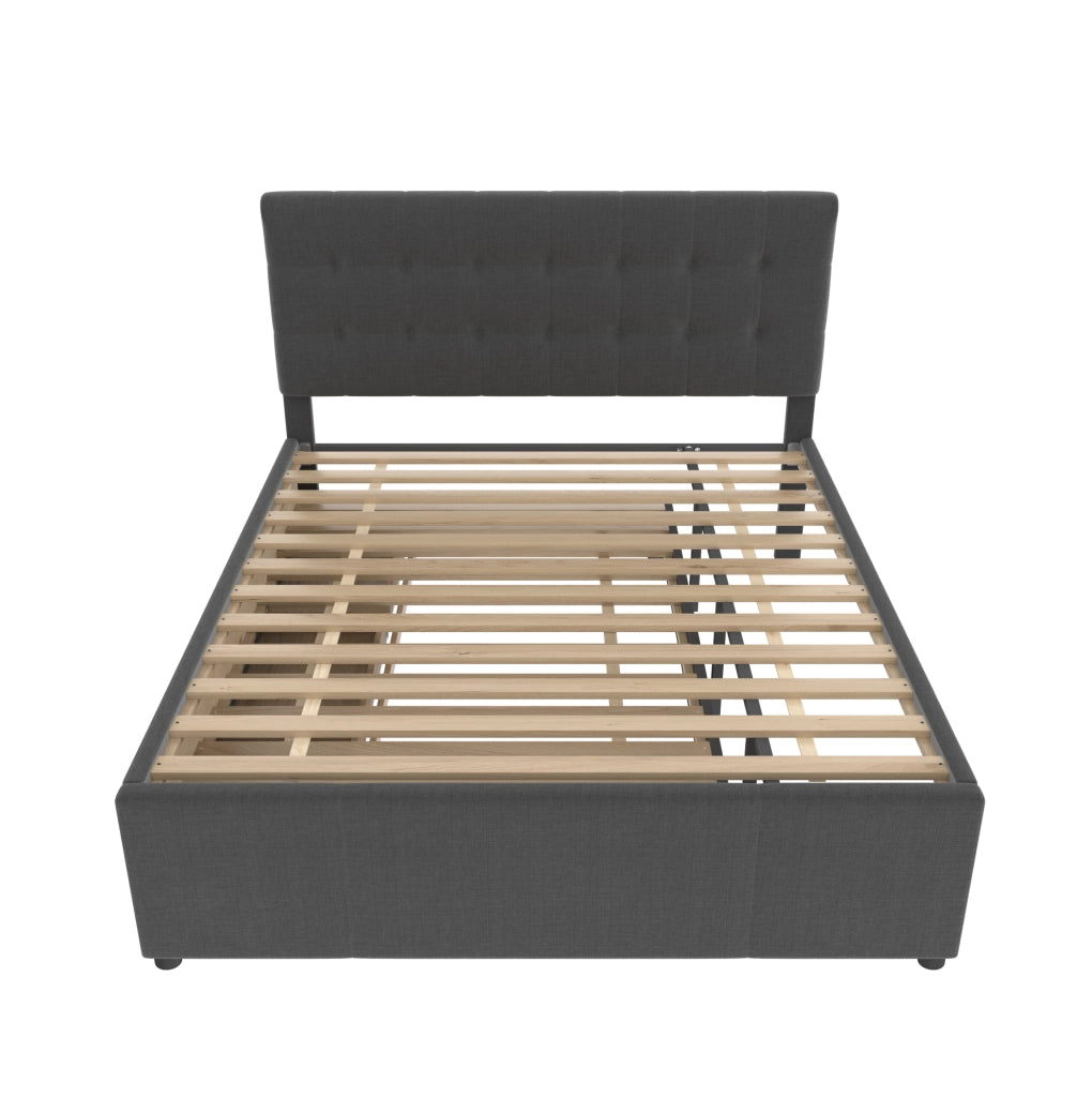 Letto imbottito 140x200 cm; estraibile con 3 cassetti; testiera regolabile; lino; grigio (Senza materasso)