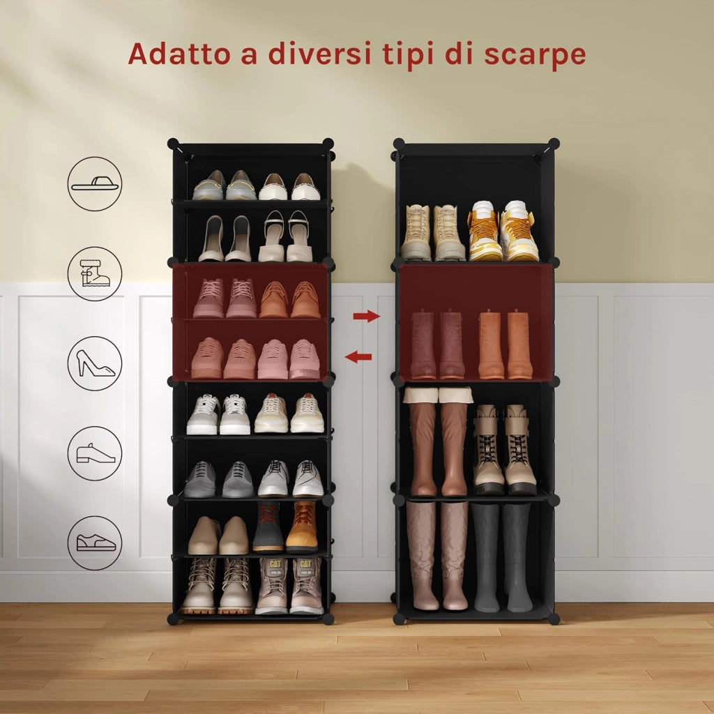 Scarpiera da Ingresso, Porta Scarpe con 8 Scomparti, Scarpiera Modulare per 32 Paia di Scarpe, Contenitore per Scarpe con Porte, in Plastica e Metallo, Bianco + Nero, 35x35x45cm/Scomparto