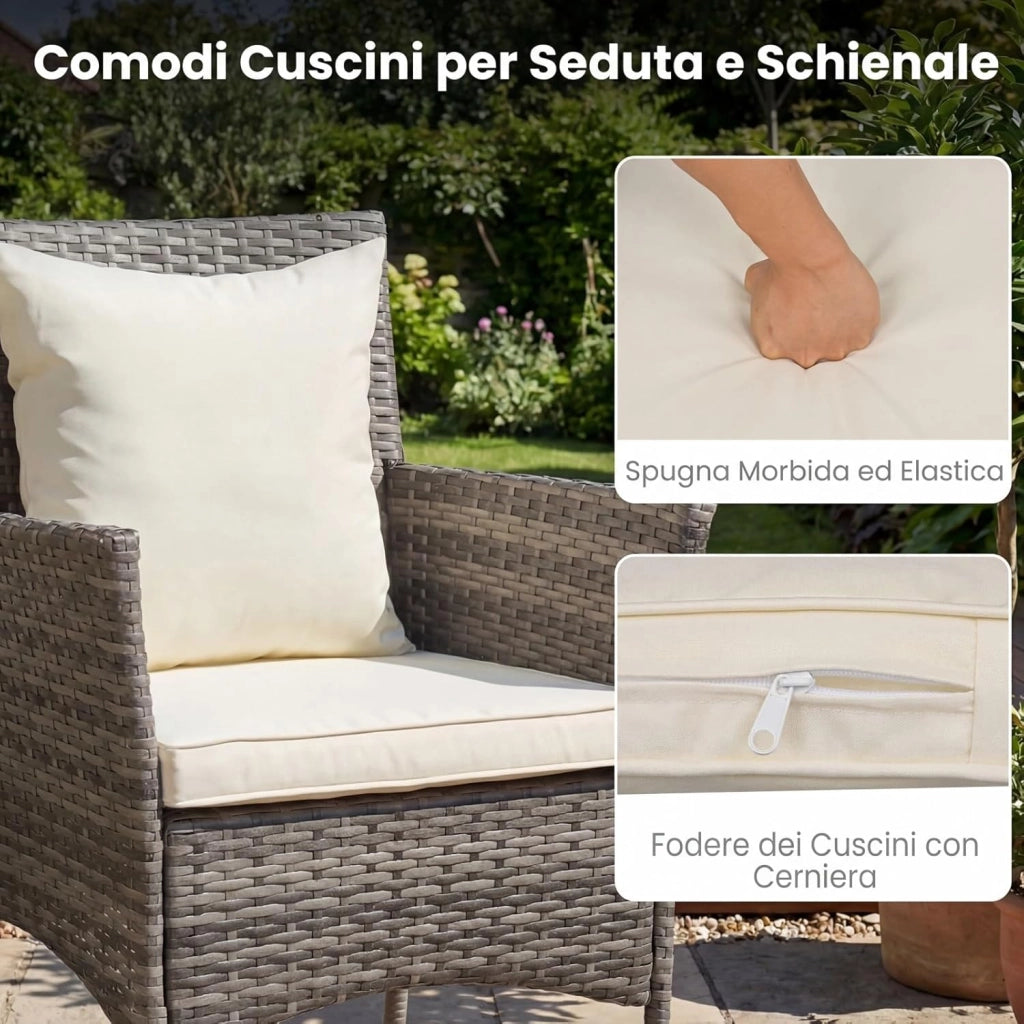 Set da Salotto da Giardino 3 Pezzi, 3 Pezzi Set Mobili da Esterno in Rattan con Tavolo in Vetro Temperato a Doppio Ripiano, Set da Conversazione con Cuscini per Veranda (Grigio+Bianco)