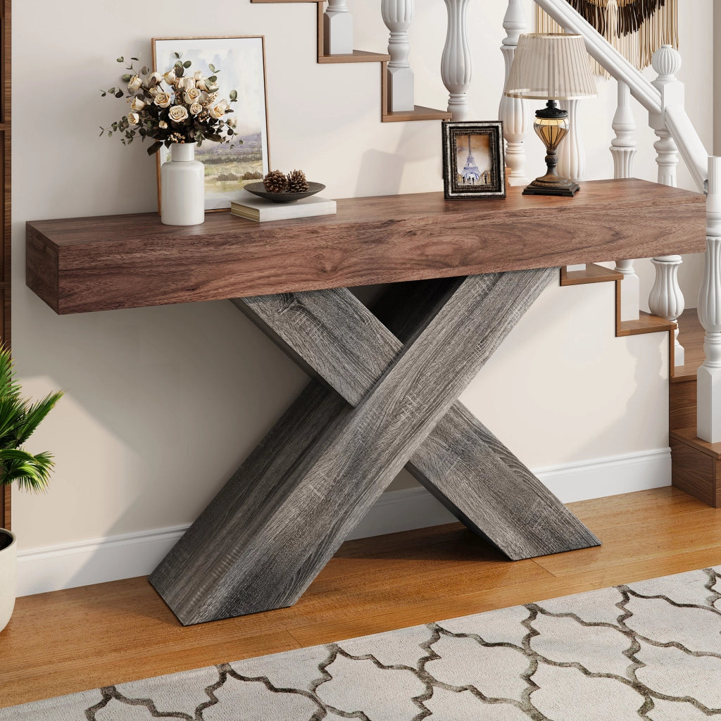 Consolle con struttura a croce a X e piano in truciolare, per ingresso e soggiorno, noce, 140 × 30 × 80 cm