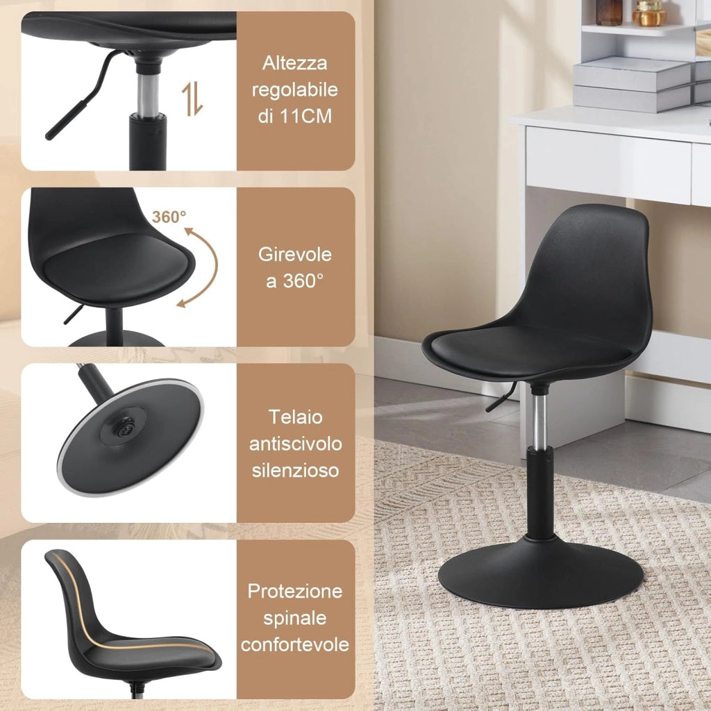 Sgabello con Schienale Moderno Sedia da Cucina Girevole a 360° Altezza Regolabile Senza Braccioli in PU Altezza della Sedia 39,5cm-50,5cm Nero BH304sz-1