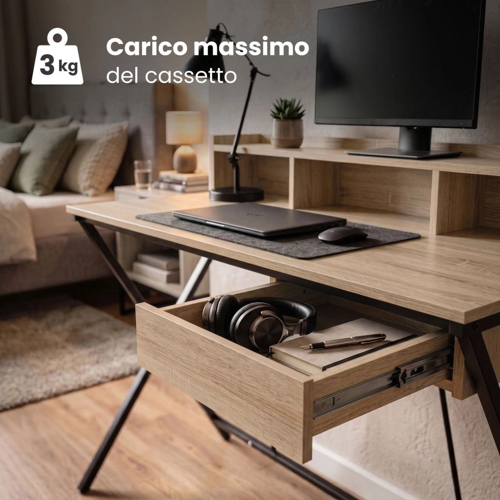 Scrivania PC industriale Rovere Sonoma FLEXO 100 cm 1 cassetto 1 ripiano gambe nere