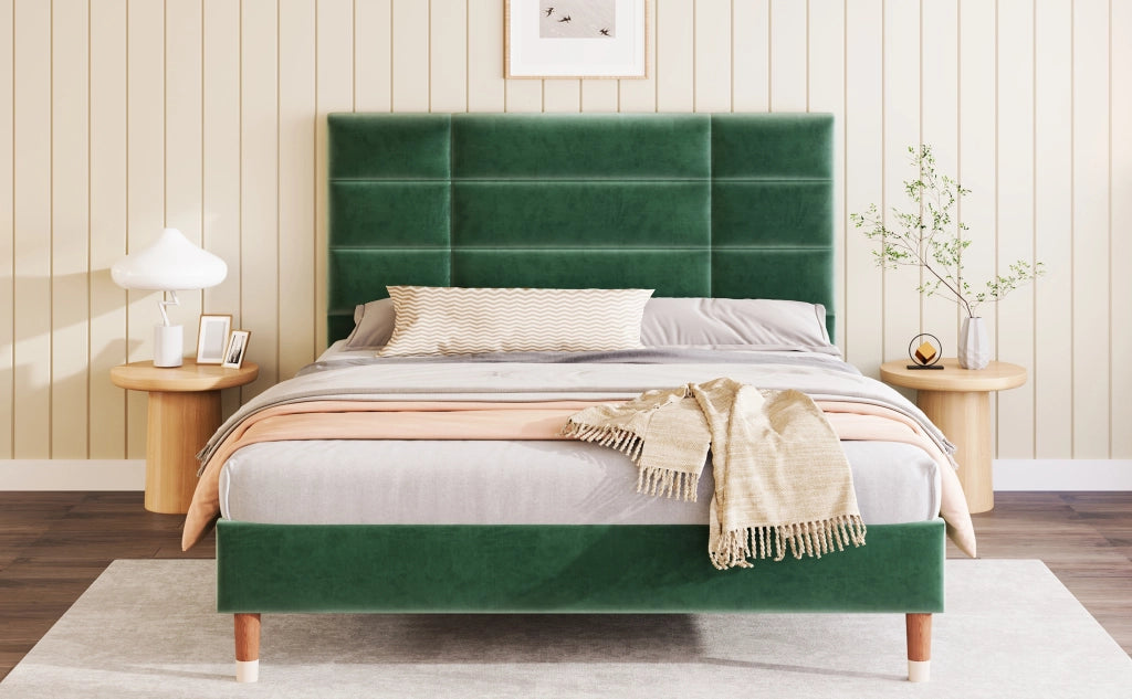 DESMIU Letto Matrimoniale 140 × 200 cm con Testiera Imbottita e Spazio Sottoletto, senza Materasso, Velluto Verde