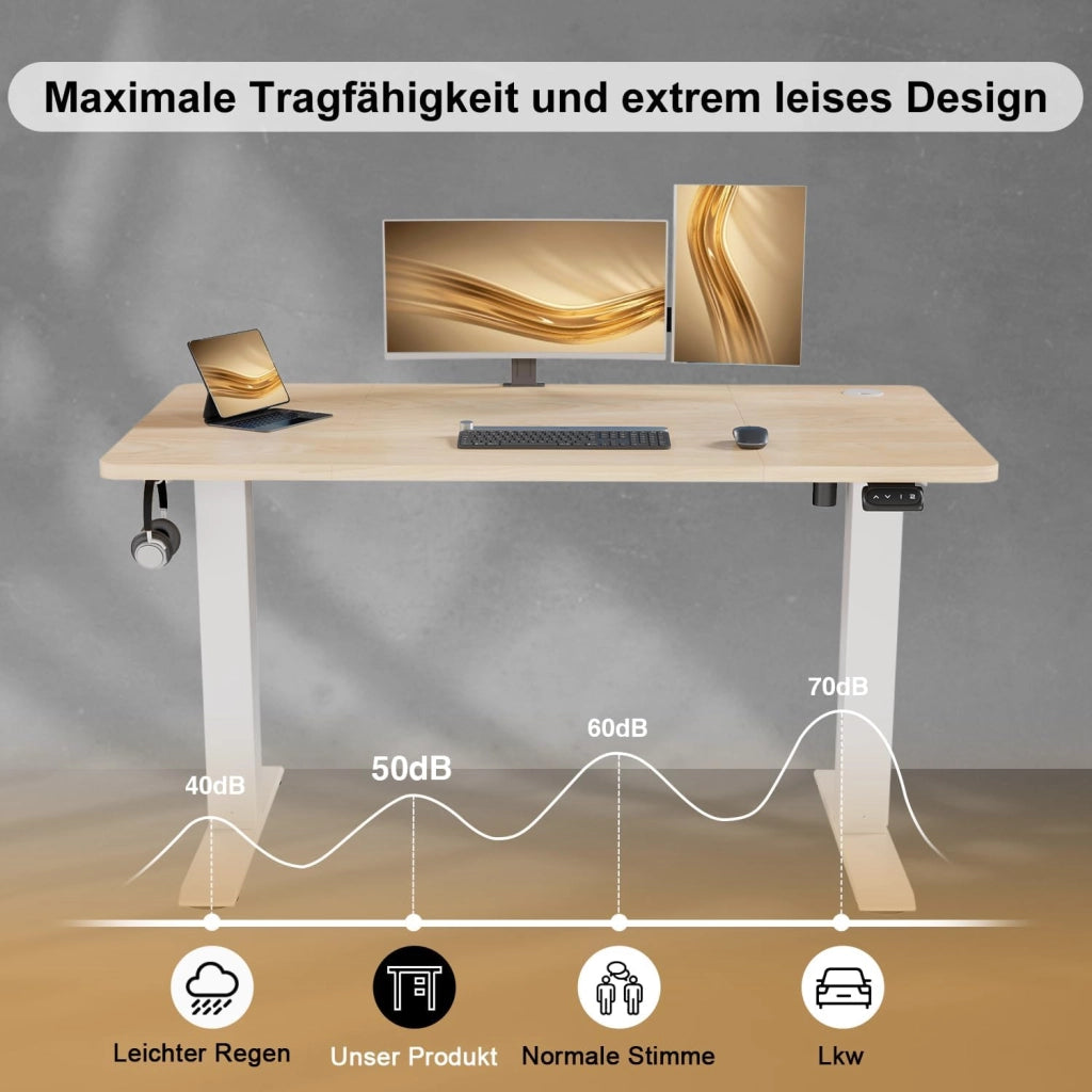 Scrivania regolabile in altezza, 120 x 60 cm, con vaschetta per cavi, altezza elettrica, stabile, scrivania per computer, memoria a 2 funzioni, seduta ergonomica in acero
