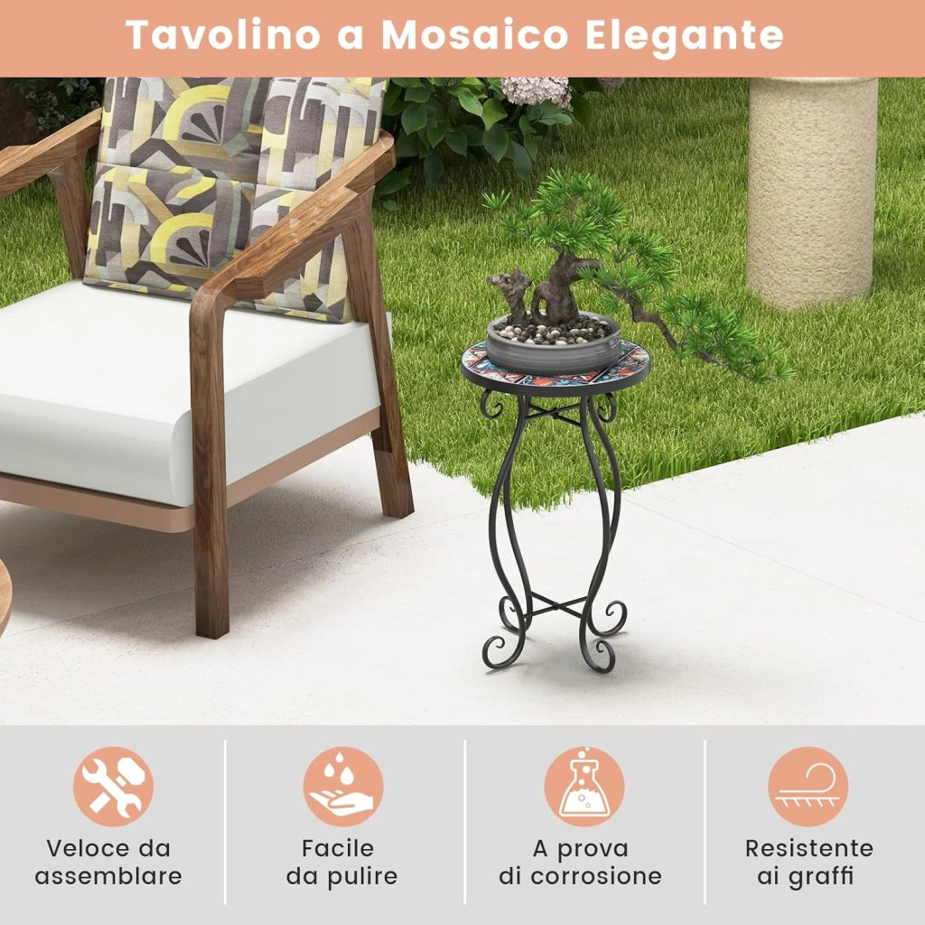 Tavolino per Esterno ed Interno, Tavolino Rotondo con Piano in Piastrelle di Ceramica e Attraenti Motivi, Tavolino Porta Piant per Cortile, Giardino e Salotto