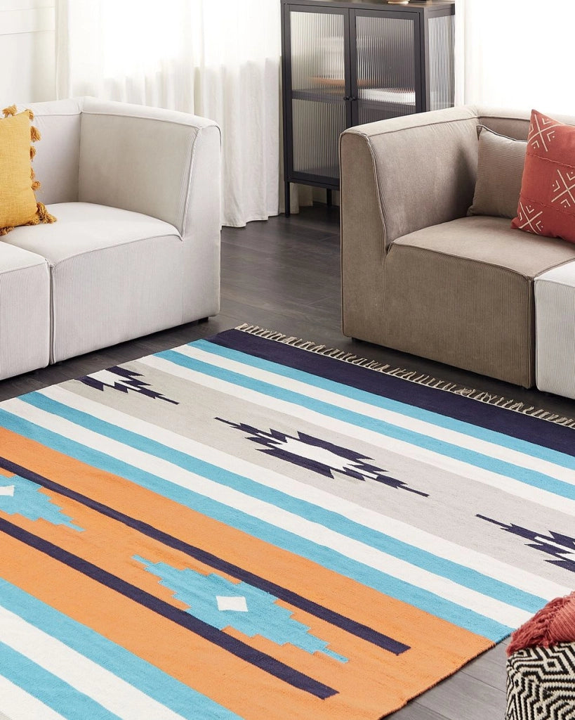 Tappeto Kilim multicolore in cotone 200 x 300 cm tessuto a mano a trama piatta reversibile con motivi geometrici e frange, tradizionale Boho, per il soggiorno e la camera da letto.