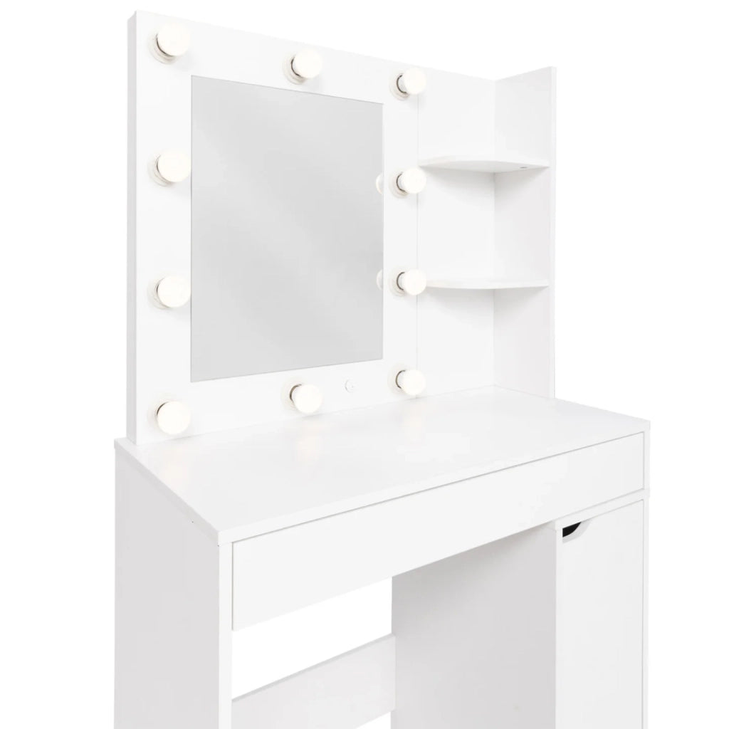 IDMarket - Mobiletto ZELIA con specchio LED, 1 cassetto, ripiani, contenitore e sgabello