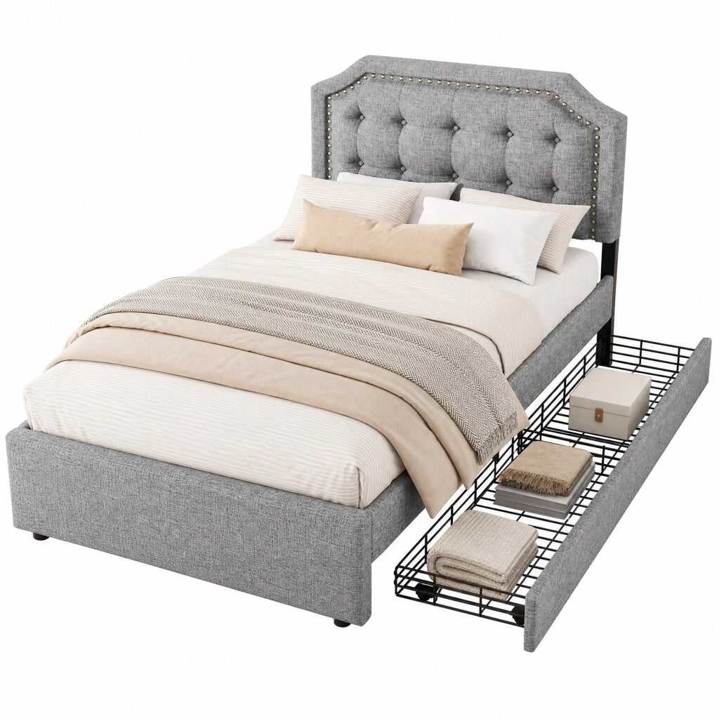 Letto imbottito grigio 90x200 cm con cassetti e testiera regolabile