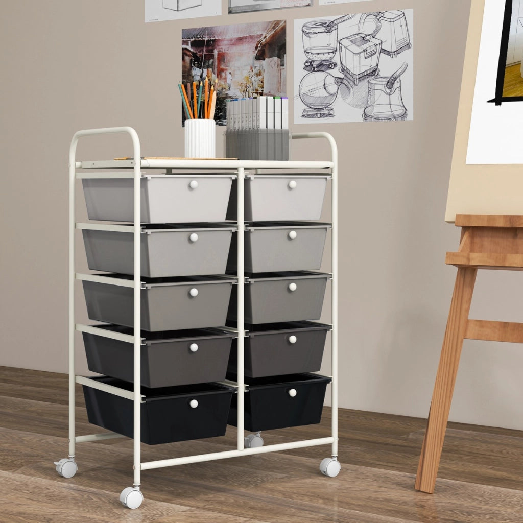 Carrello a 10 cassetti multiuso con ruote-Scaffale Organizzatore per carta da scrapbooking e utensili da ufficio Bianco e grigio