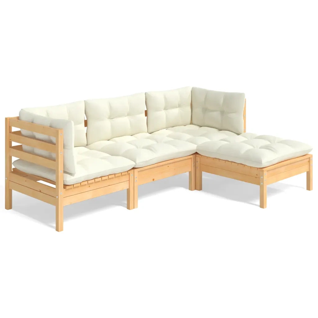 Set Salotto da Giardino 4 pz | Set di Mobili da Esterno con Cuscini Crema in Legno di Pino