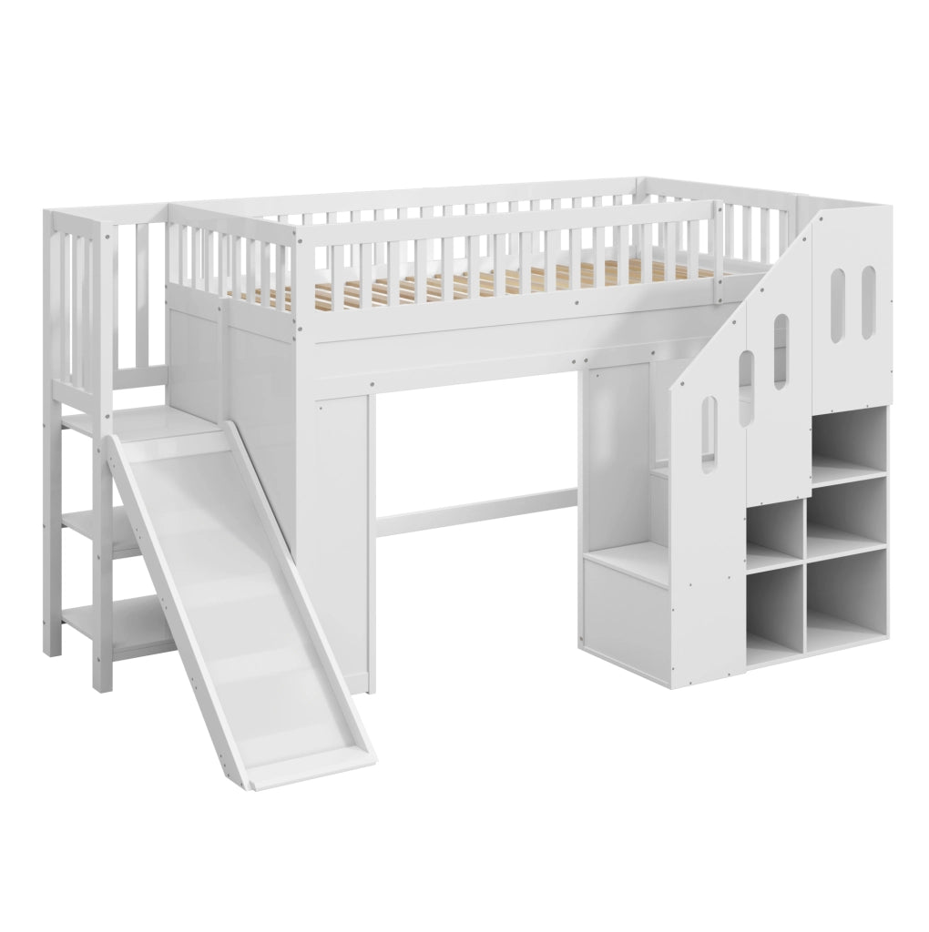 Letto a soppalco per bambini 90x200 cm con scivolo; scala contenitore e LED; in pino bianco