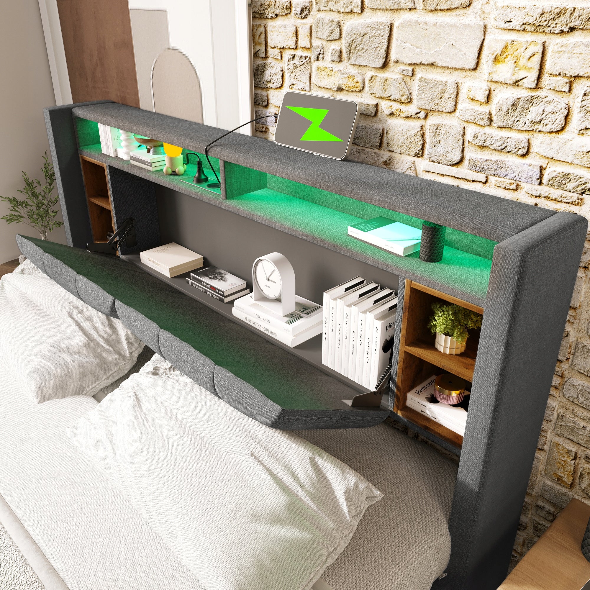 Letto imbottito 140x200 grigio con USB e LED - Xylo