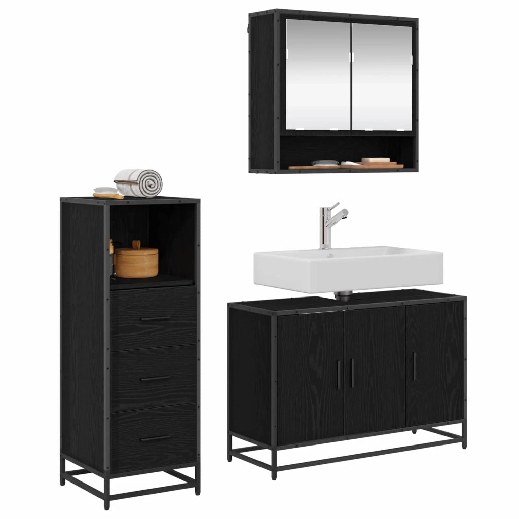 Set di mobili per il bagno 3 pcs Rovere Nero Legno multistrato