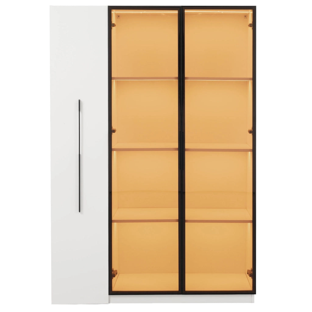 Vetrina con LED e vano laterale estraibile in MDF bianco per soggiorno e sala da pranzo, 110,5 × 35 × 160 cm