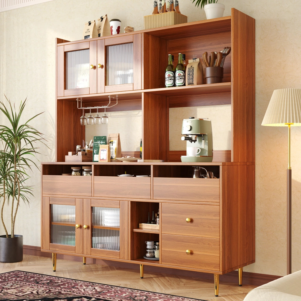 Credenza Alta da Cucina con Vani Aperti; Anta in Vetro Cannelato e Portabottiglie; in MDF; 145 x 39 x 171 cm