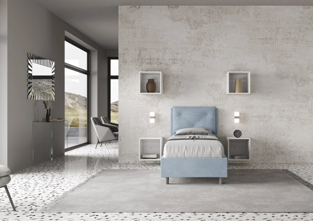 BS COM Letto singolo con rete imbottito 90x210 microfibra azzurro