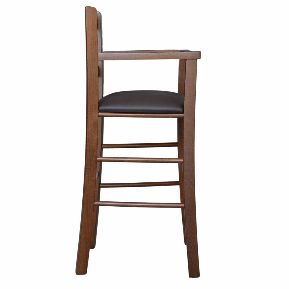 Seggiolone in legno color noce scuro con seduta imbottita in similpelle marrone