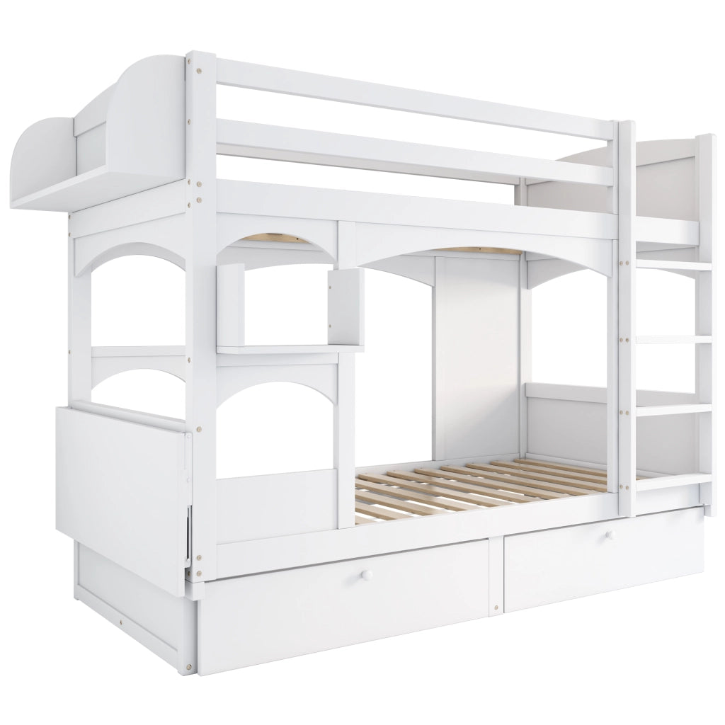Letto a soppalco per bambini in legno massiccio con scrivania pieghevole, mensola, 2 cassetti e scala, bianco, 90x200 cm