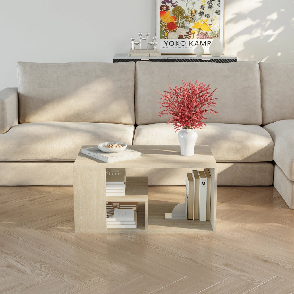 Tavolino Centrale da Salotto Antaa con Vani Aperti 80 x 50 x 40 cm - Color Avorio Travertino [en.casa]
