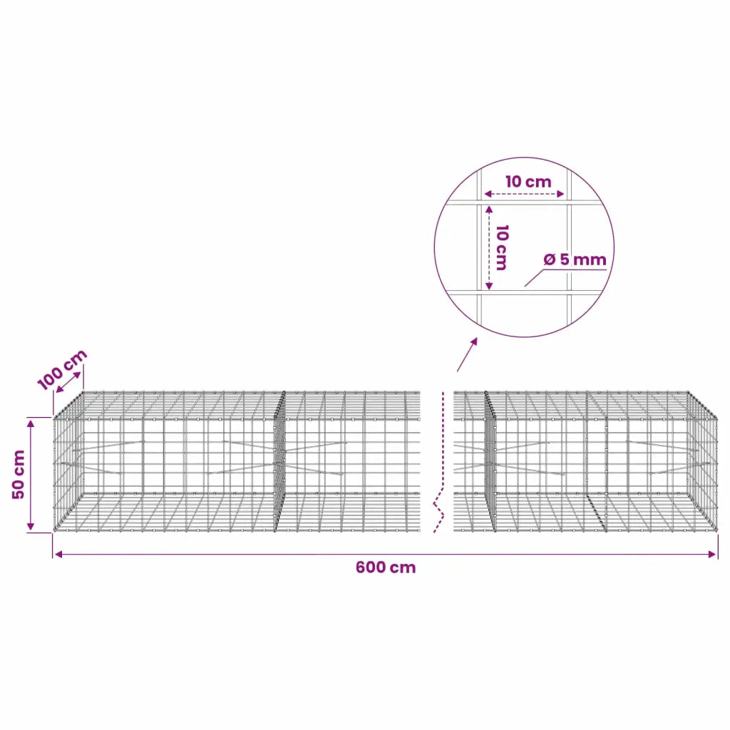 Gabione con Filo da 5 mm e Rete da 10x10 cm 600x100x50 cm 3465294