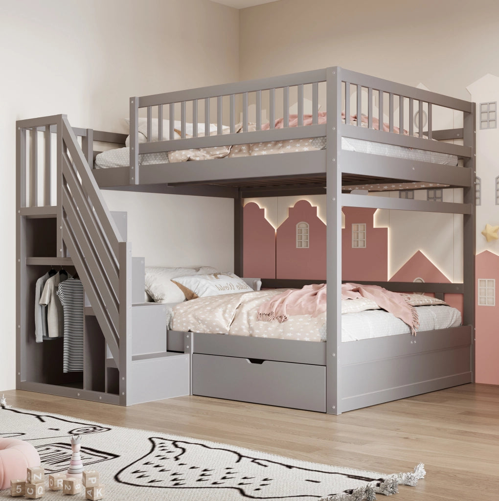 Letto a castello in legno massello 140x200 cm grigio con scala contenitore e cassetti