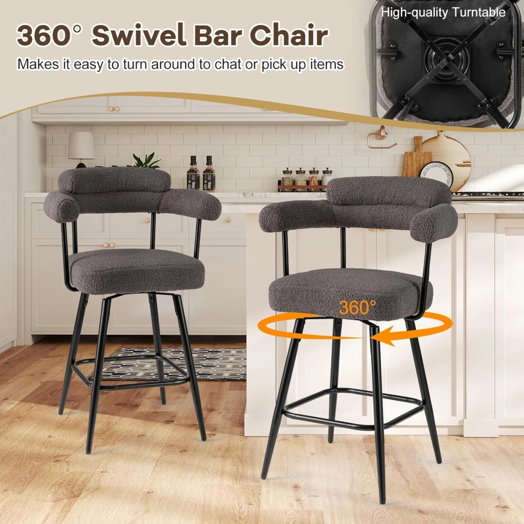 Set di 2 Sgabelli da Bar Girevoli Altezza 69 cm, Sedie Moderne Imbottite con Tessuto Boucle, Schienali Curvi e Gambe in Metallo, Sedie Girevoli per Isola Cucina, Casa, Bianco/Grigio (Grigio)