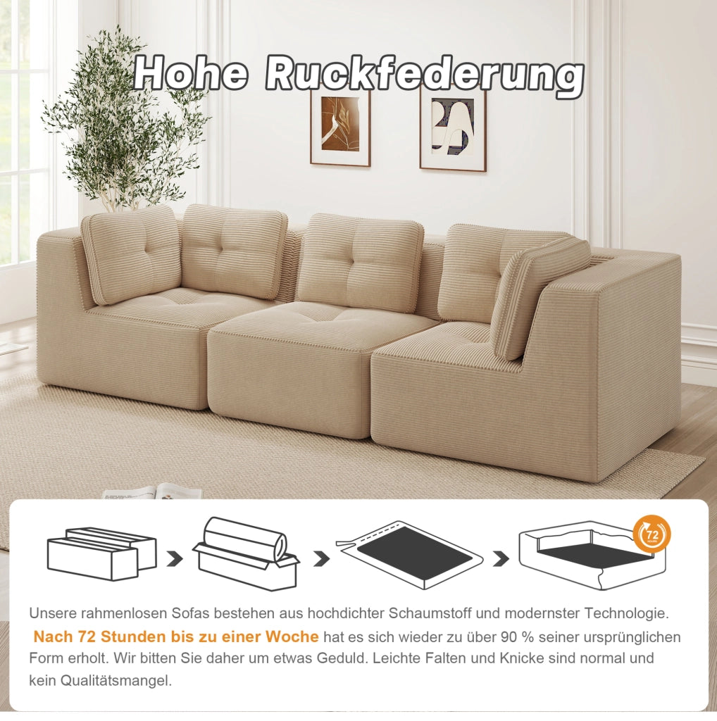Divano angolare modulare in velluto a coste con seduta profonda 74 cm; beige