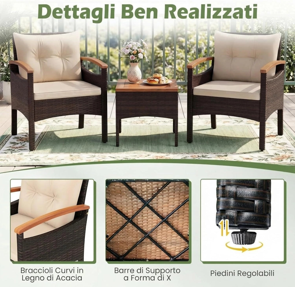 Salotto da Giardino in Rattan PE, Salottino da Esterno 3 Pz, 2 Poltrone con Braccioli e Schienale, 1 Tavolino con Piano in Legno Massello, per Terrazzo, Balcone, Patio (Marrone+Beige)