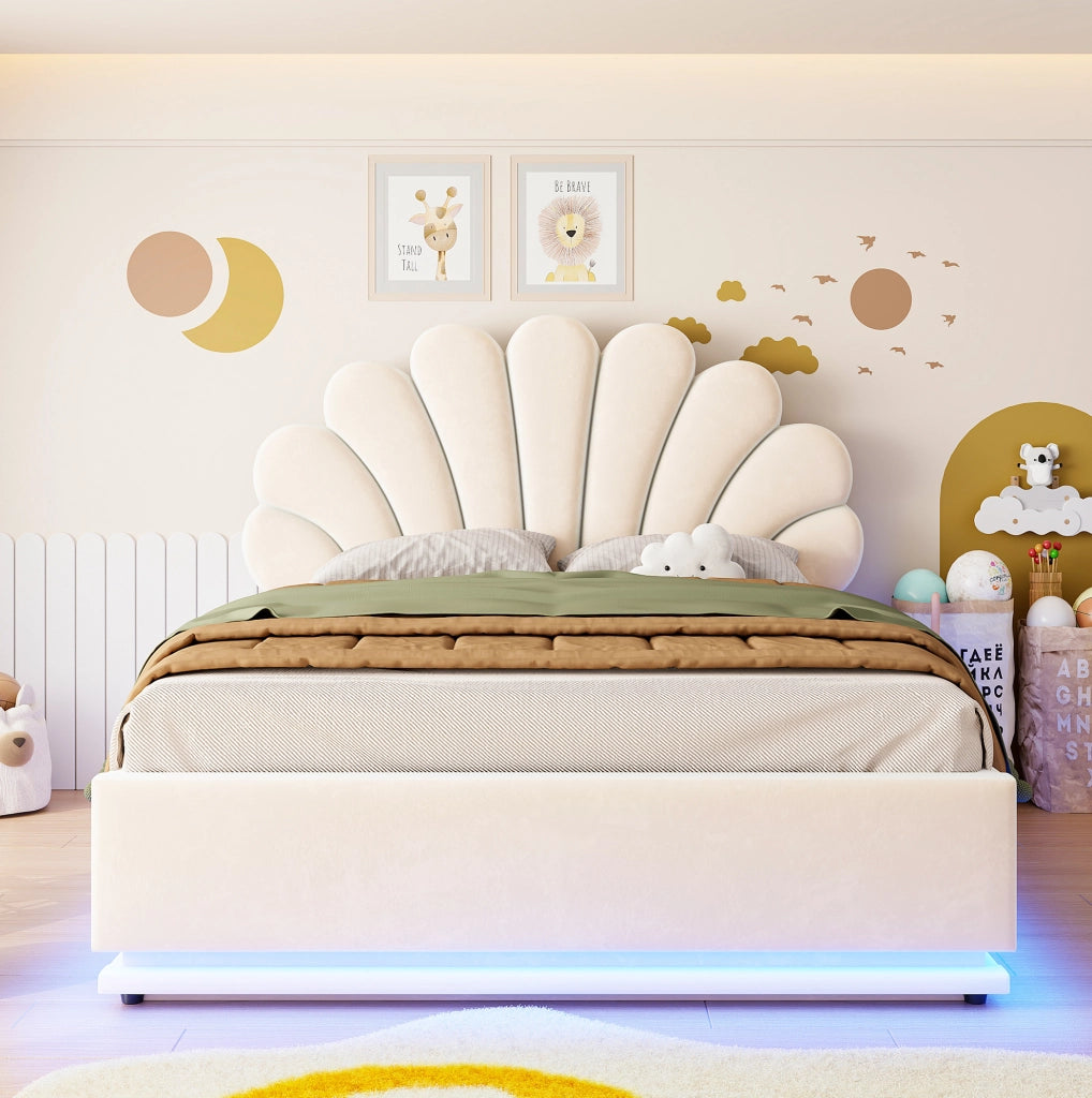 Letto imbottito 140x200 cm in velluto beige con LED e vano