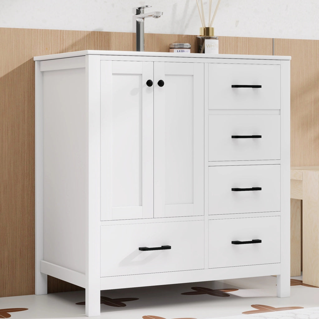 Mobile bagno freestanding 76¡Á46¡Á82 cm con lavabo in ceramica, MDF laccato bianco, 4 cassetti e ripiani regolabili