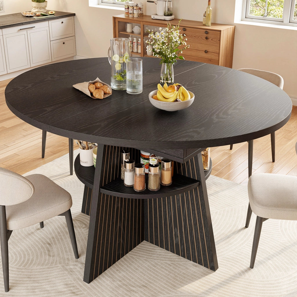 Tavolo allungabile con vano aperto e angoli arrotondati, per 2-8 persone, in MDF e metallo, nero, 110-150 × 110 × 76 cm