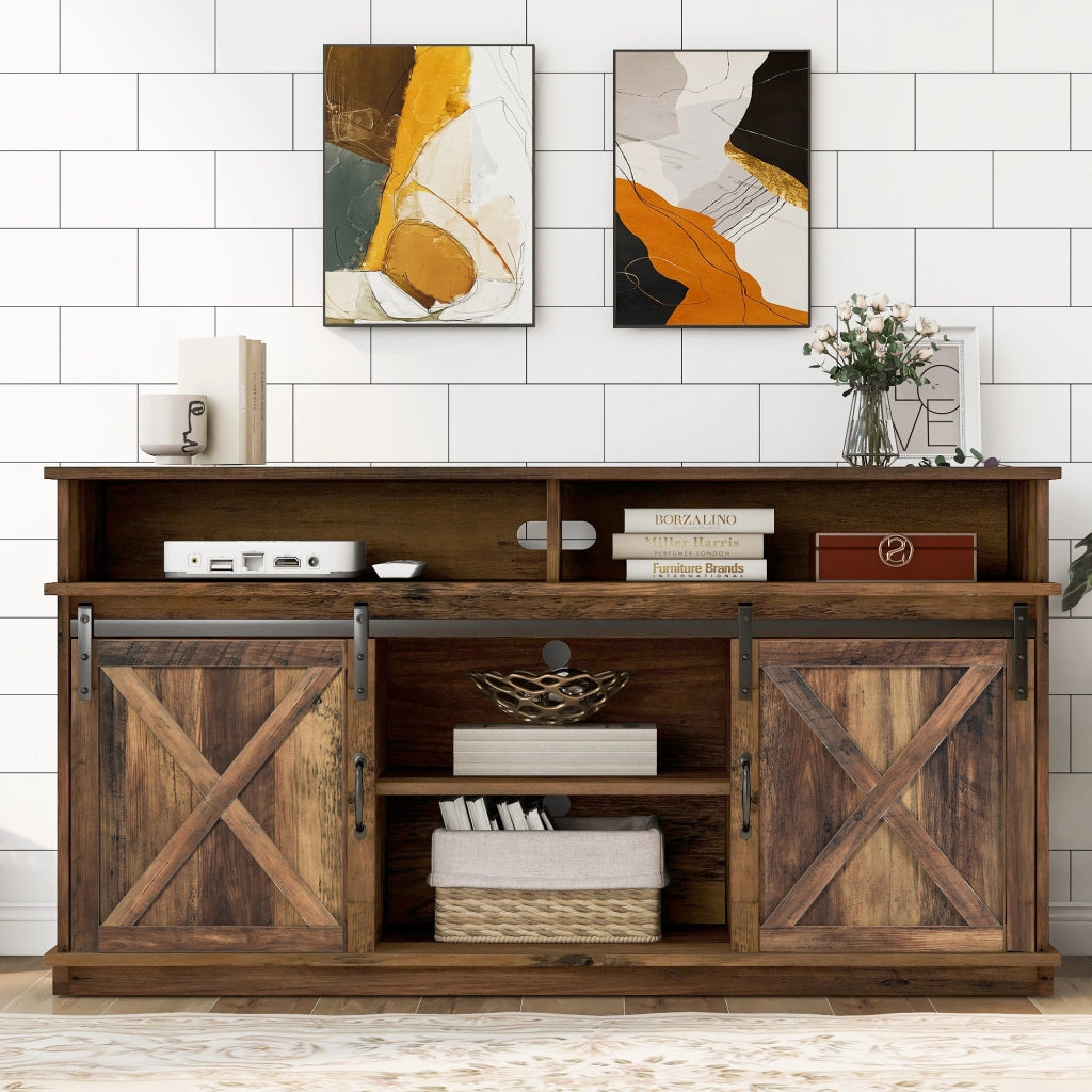 Mobile Porta TV con 2 Ante Scorrevoli e 2 Vani Aperti; Ripiani Regolabili; Stile Country; in Pannello Truciolare; Marrone; 148¡Á40¡Á78 cm