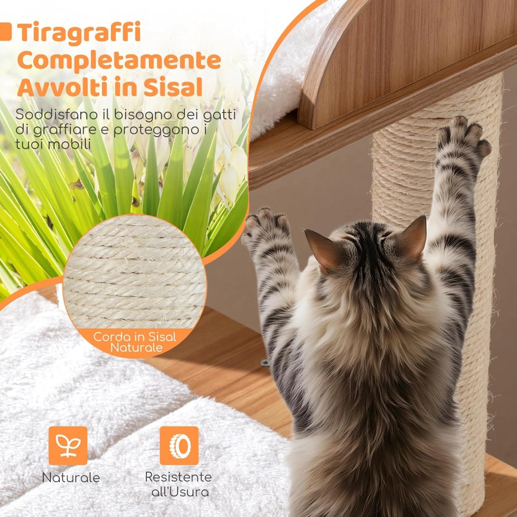 Albero per Gatti in Legno, Tiragraffi per Gatti per Interno con Condominio a 2 Piani, Piattaforma Superiore a Forma di Testa di Gatto, Posti per Grattare in Sisal e 3 Piattaforme con Cuscini