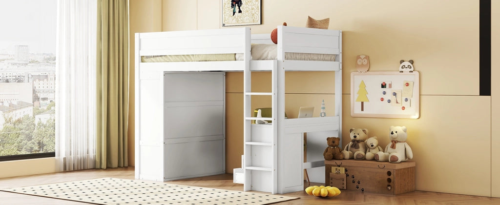 DESMIU Letto a soppalco bambino 90 × 200 cm con scrivania, armadio e 2 cassetti, senza materasso, in pino e MDF, bianco