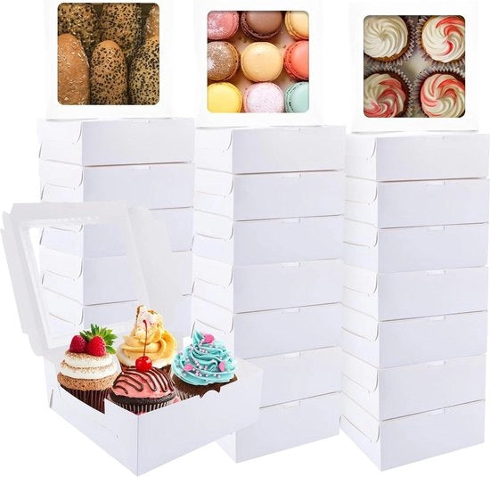 Scatola di trasporto per torte - 25 pezzi - bianca con finestra - 24x24x9 cm - scatola di cartone per torte - scatola per dolci - biscotti - decorazione per torte - macarons - pane