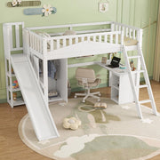 OKWISH Letto a Castello 90×200 cm, Letto Singolo con Scivolo, Scrivania, Armadio, Mensole e Scala, senza Materasso, Bianco