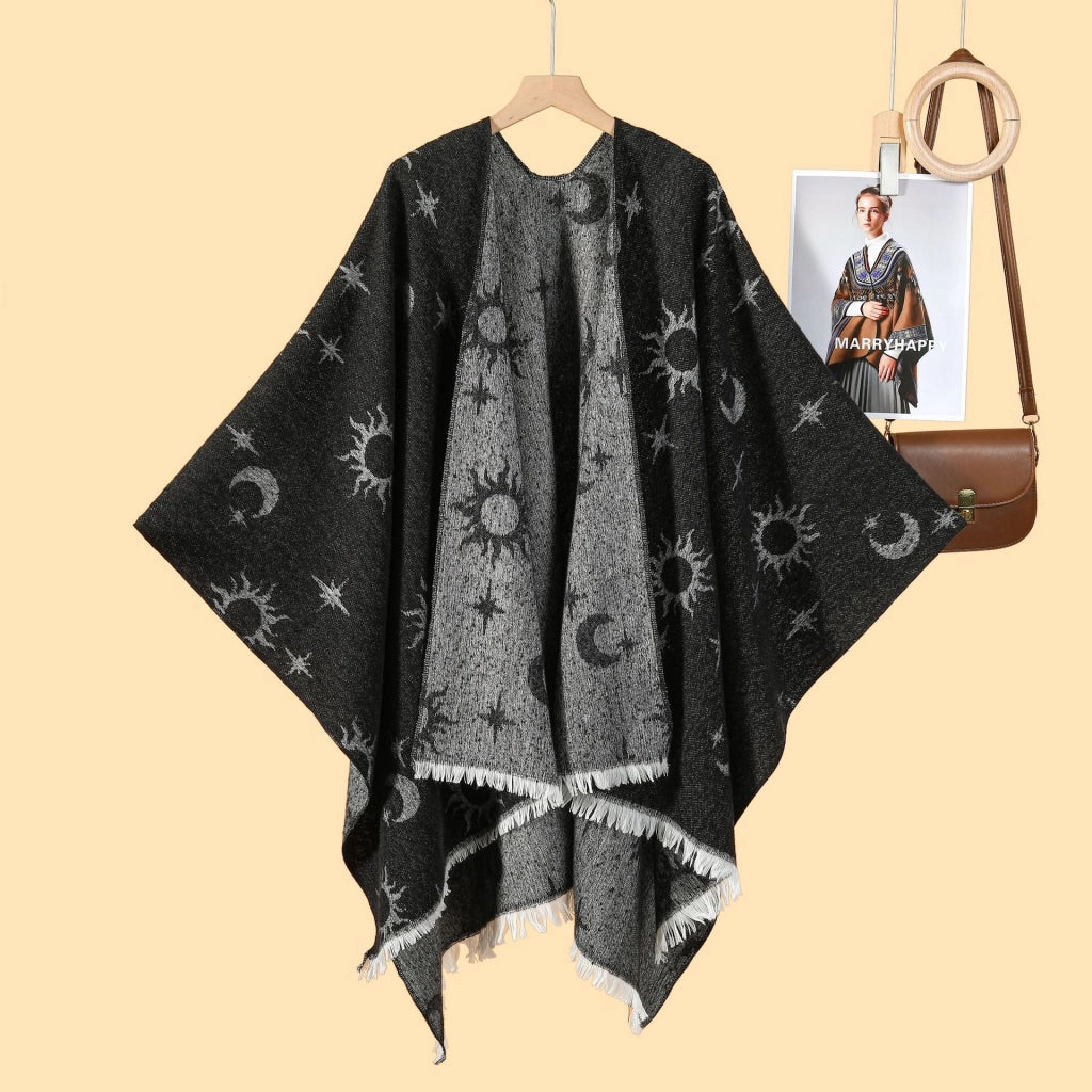 Nuovo scialle caldo da donna in jacquard con nappe a doppio lato e spacco