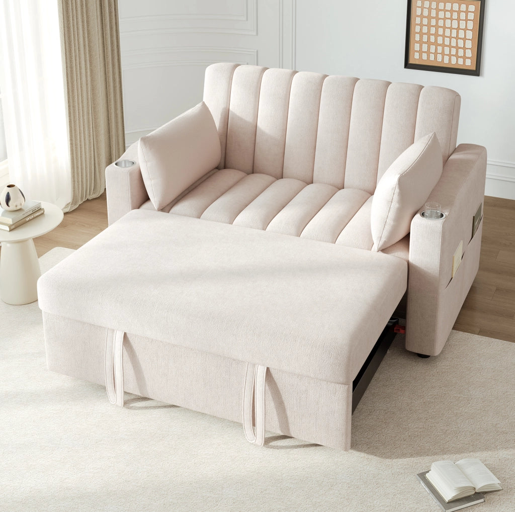 Divano letto multifunzionale 136x162x84 cm con schienale a 3 posizioni; 2 cuscini; cotone beige
