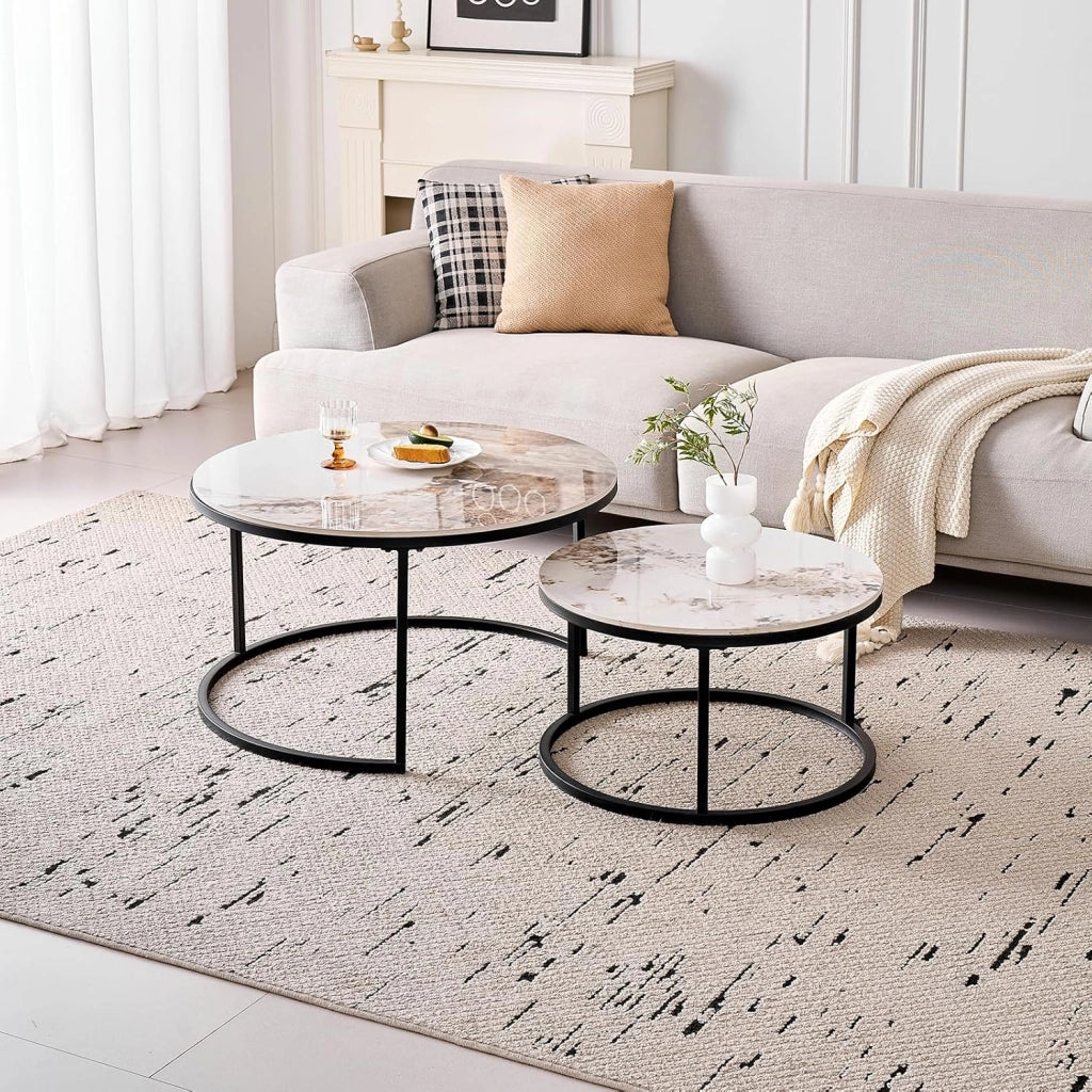 GrandCA HOME Set di 2 Tavolini Rotondi da Caffè, Tavolini Impilabili Moderni per il Soggiorno, Struttura in Metallo Nero, 50 cm e 70 cm, Realizzati in Marmo Pandora e Pietra Sinterizzata